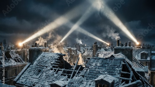 Intense searchlight beams cut through the ominous night sky above a desolate old city's rooftops