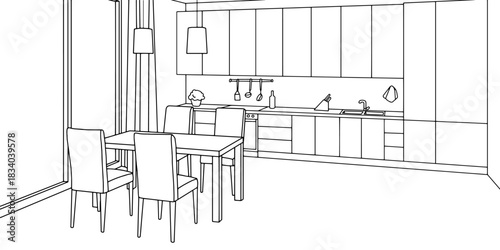 Kitchen room graphic black white home interior sketch illustration vector 