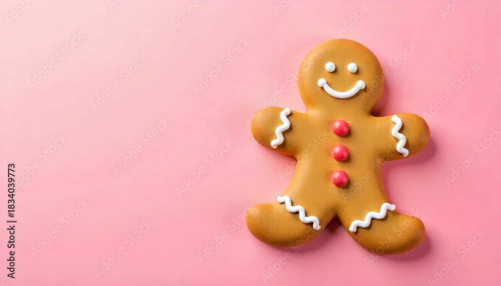 Naklejka premium A classic gingerbread man cookie decorated with white icing and red buttons, set on a plain pink background.