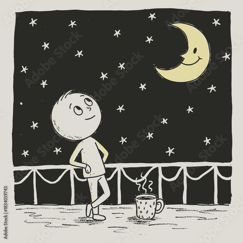 Stargazing on the Balcony. Young boy gazing at moon and stars while standing with mug  