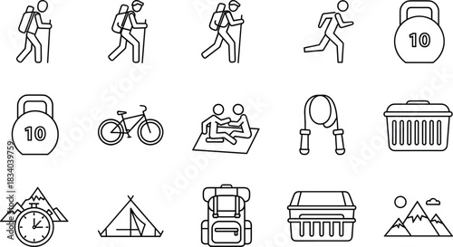 Outdoor adventure fitness icons set, camping hiking cycling exercise symbols, minimal line style vector illustration, healthy lifestyle activity elements