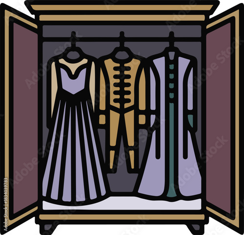 Vector illustration of an open wardrobe closet displaying three historical theatrical costumes from different eras for stage or film