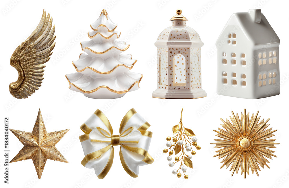 Fototapeta premium PNG Elegant gold white holiday decorations, element set on transparent background