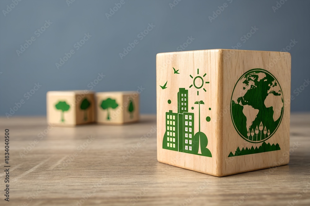 Fototapeta premium Sustainable city and earth concept depicted on wooden blocks for eco awareness