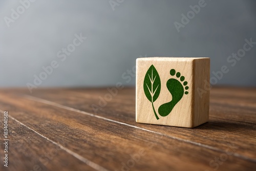 Wooden block displaying green leaf and footprint symbols on a wooden surface