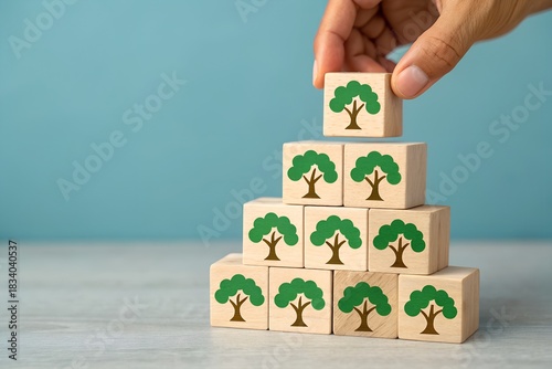 Hand stacking wooden blocks with tree icons symbolizing growth and sustainability
