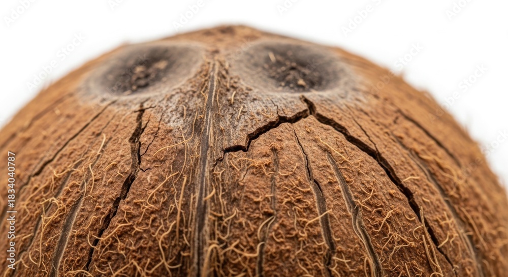Fototapeta premium Close-up view of a cracked coconut shell with three dark spots.