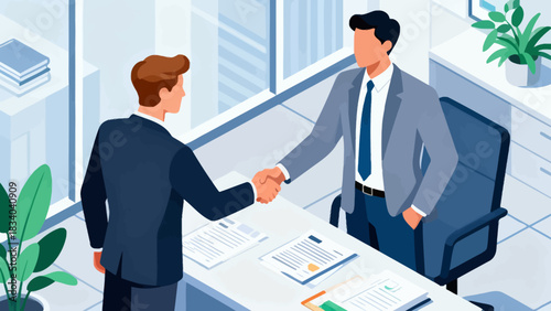 This isometric office illustration shows two men shaking hands, surrounded by desks, computers, documents, and plants, representing a business agreement or partnership.