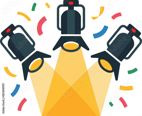 Vector illustration of three stage spotlights casting bright light onto a central area with festive confetti.