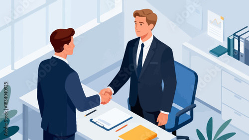This isometric office illustration shows two men shaking hands, surrounded by desks, computers, documents, and plants, representing a business agreement or partnership.