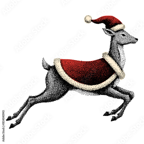 festive reindeer in a Santa hat and cape, vintage halftone Christmas illustration 