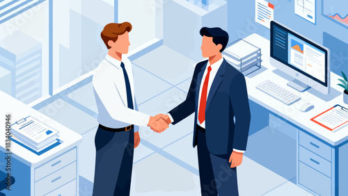 This isometric office illustration shows two men shaking hands, surrounded by desks, computers, documents, and plants, representing a business agreement or partnership.