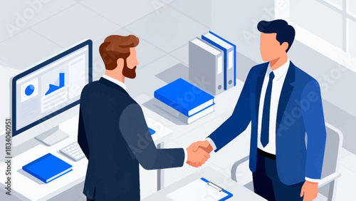 This isometric office illustration shows two men shaking hands, surrounded by desks, computers, documents, and plants, representing a business agreement or partnership.