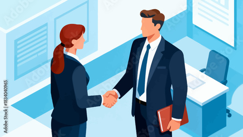 This isometric office illustration shows two men shaking hands, surrounded by desks, computers, documents, and plants, representing a business agreement or partnership.