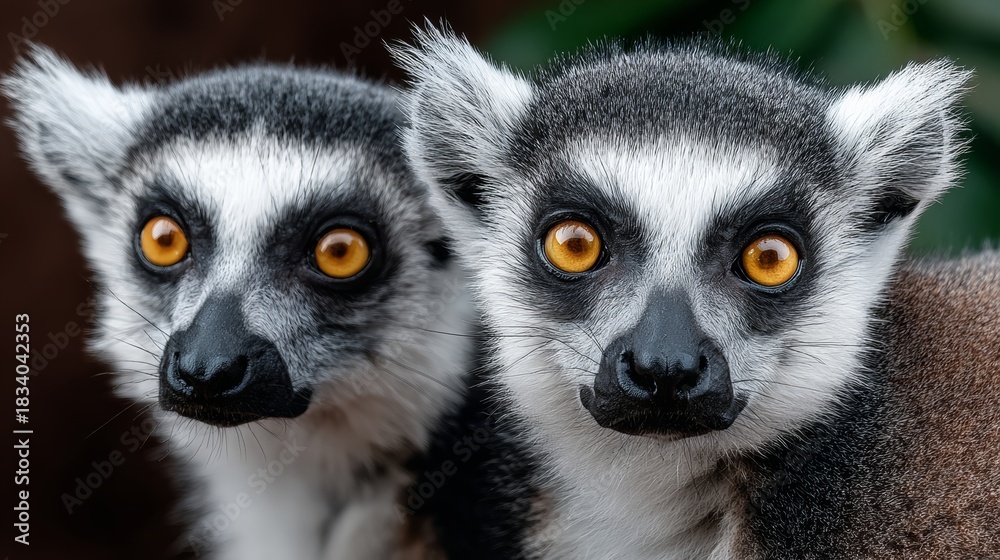 Obraz premium Two lemurs with yellow eyes and black noses. They are looking at the camera. The lemurs are standing close to each other
