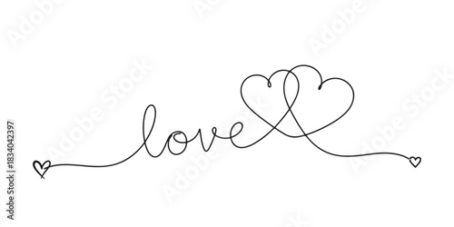 Continuous line drawing of hearts forming the word love on transparent background