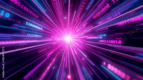 Digital neon hyperspeed burst with radiant pink energy trails, glowing data streams, cosmic motion effects and vibrant chromatic light explosion