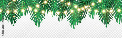 Festive frame with coniferous greenery and glowing Christmas lights, vector design on transparent background.