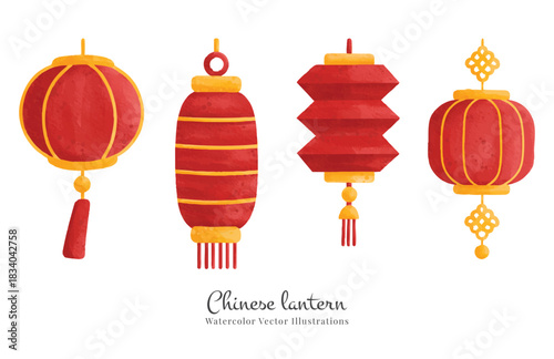 hand drawn chinese red lantern watercolor illustrations