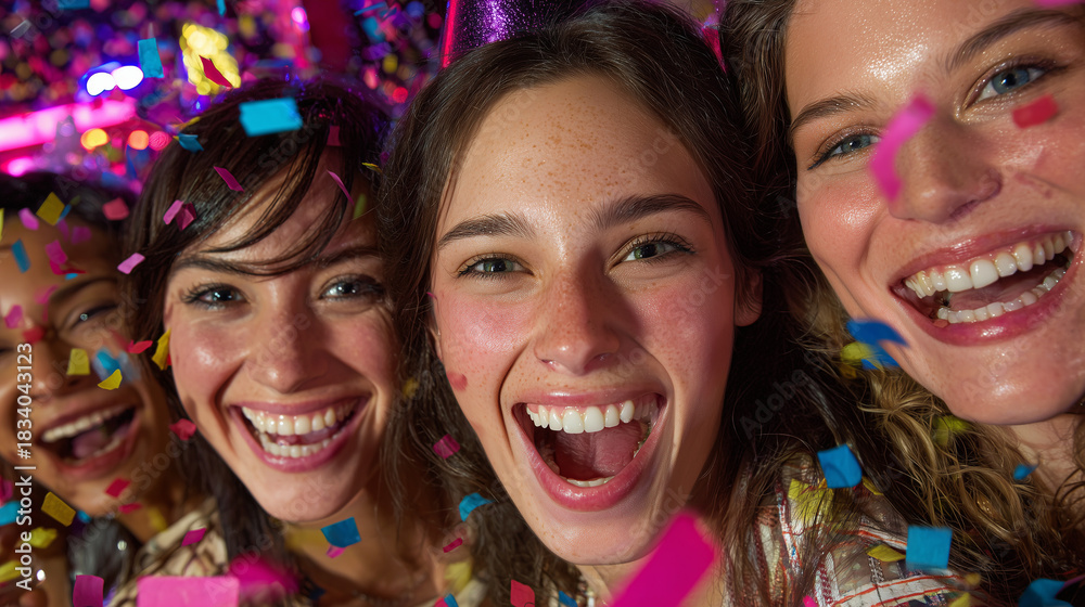 Fototapeta premium Happy Friends Celebrating New Year’s Eve Countdown With Confetti Explosion and Bright Lights Creating Fun and Memorable Moments