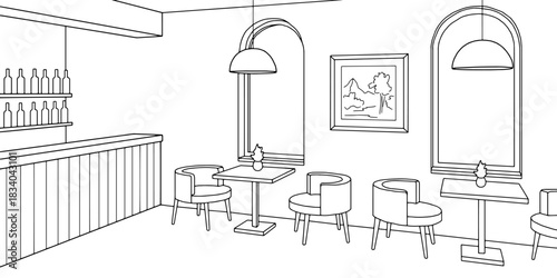 Cafe interior graphic black white sketch illustration vector 