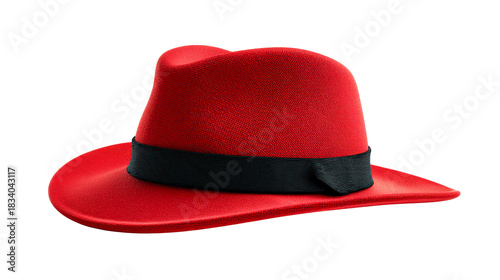 A stylish red fedora hat with a black band is presented against a white background, perfect for fashion articles and accessories campaigns.