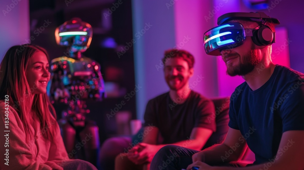 Obraz premium A captivating scene of friends enjoying virtual reality. The atmosphere is vibrant with colorful lights and futuristic design. Technology bridges reality and imagination. Generative AI