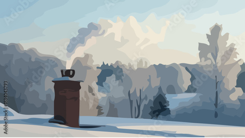Peaceful winter scene of snowy landscape with smoke rising from chimney, evoking warmth and serenity
