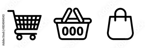 Black icons of shopping cart, basket and bag