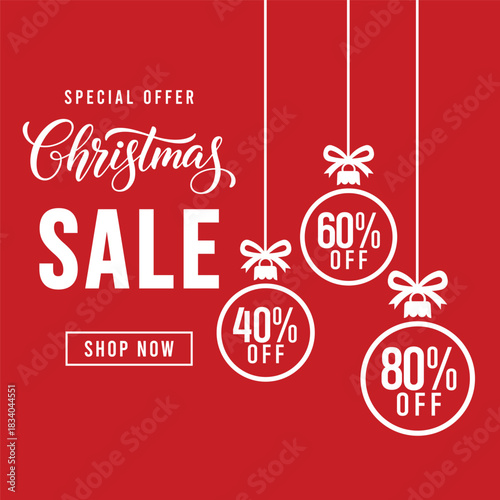 Festive red Christmas sale banner featuring hanging bauble ornaments and bold white typography promoting special offer discounts of 40%, 60%, and 80% off with shop now button, modern holiday promotion