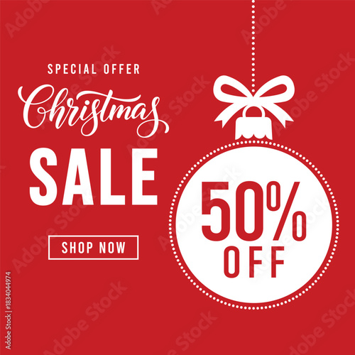 Red Christmas sale banner featuring large white ornament bauble with 50% off text, elegant holiday typography and shop now button, modern festive background ideal for retail seasonal promotion and mar