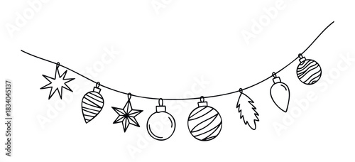 Festive hand drawn string of holiday ornaments and stars, perfect for seasonal greetings, winter celebrations, and festive invitations.