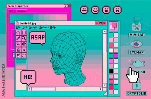 Y2K vaporwave vector scene mimicking an old-school OS desktop with overlapping pink-cyan windows, a wireframe 3D head, pixel speech bubbles saying 
