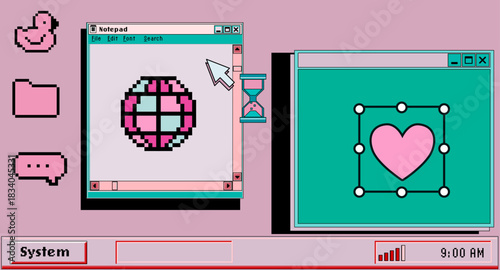 Y2K vaporwave vector scene recreating a retro style desktop with pink-teal color scheme, overlapping notepad and graphics windows, pixel-art icons (duck, folder, speech bubble). 