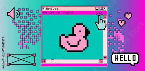 Y2K vaporwave vector scene featuring a retro window with a pink pixel-art duck, surrounded by glitchy hearts, a pointing cursor, and speech bubble on a cyan-to-purple gradient. Cyber-cute vibes.
