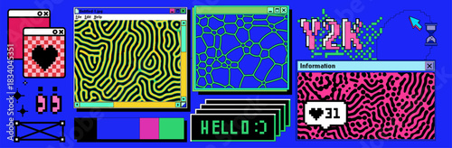 Y2K vaporwave vector desktop collage packed with overlapping retro windows displaying psychedelic patterns, bold "Y2K" text, heart notifications, and glitchy UI elements. 90s web graphics.