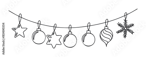 Festive black and white line art of assorted holiday ornaments and snowflake hanging from a string for seasonal celebrations and winter decorations.