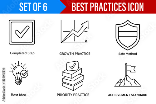 Illustration of best practices icon set featuring completed step growth practice and achievement standard