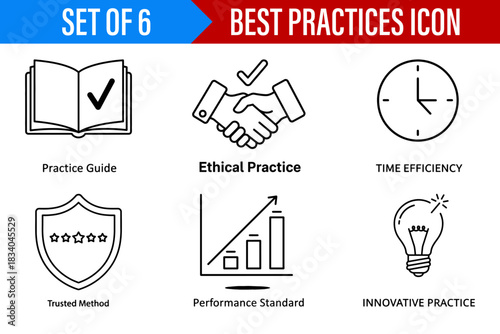 Illustration of six different icons representing best practices including ethical and innovative ideas