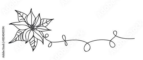 Elegant black line drawing of a poinsettia flower with flowing vine for holiday greetings and festive embellishments.