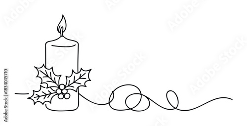 Festive single line drawing of a candle with holly and a whimsical string of lights, perfect for holiday greetings and winter celebrations.