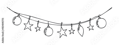 Festive string lights featuring hanging ornaments and stars, perfect for holiday decor and celebratory graphics, adding a touch of seasonal cheer to any project.