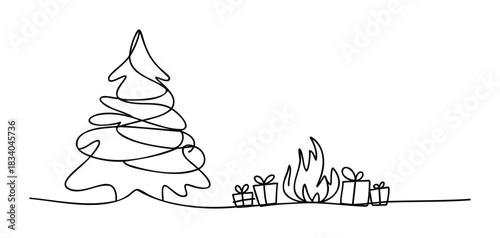 Whimsical single line drawing of a Christmas tree with gifts and a burning fireplace represents holiday warmth and celebration, perfect for seasonal marketing and greeting cards.