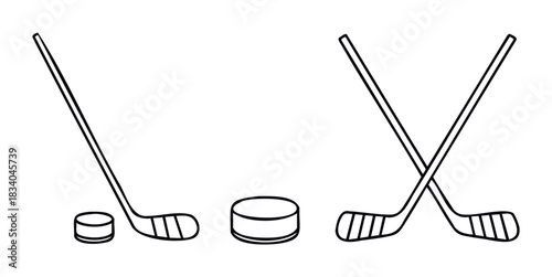Hockey equipment, including sticks and pucks, presented as simple outline graphics for sports and gamerelated themes and concepts.