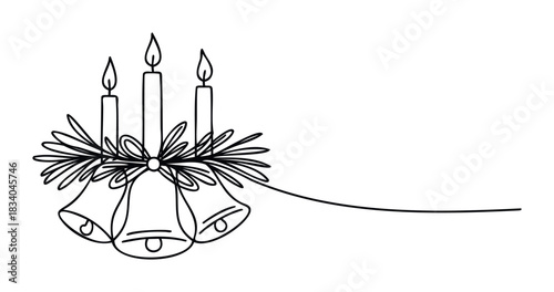 Festive holiday celebration concept with glowing candles and jingle bells tied with ribbon, perfect for Christmas and New Year greeting cards and seasonal decor.