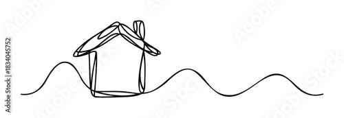 Minimalist single line drawing of a house with a wavy foundation line, ideal for real estate logos or home security concepts