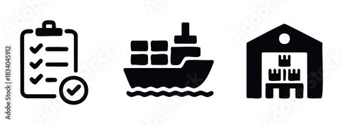 Collection of logistics icons representing checklist, cargo ship, and warehouse for supply chain management and global shipping services