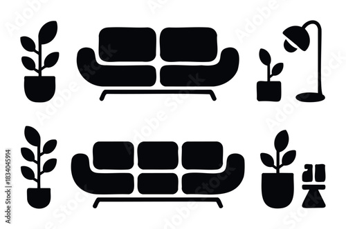 Collection of abstract black sofa and potted plant silhouettes with a floor lamp for modern interior decor or graphic asset usage