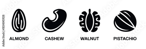 Set of four black icons representing different nuts like almond, cashew, walnut, and pistachio, suitable for healthy food concepts and dietary ingredient information.