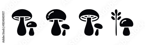 Collection of stylized mushroom icons and botanical sprout for foraging or nature themes presented on a white background for use in diverse graphic projects